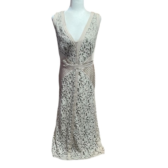 Tadashi Shoji-Lace V-Neck Gown with Pintuck Jersey Piping-Size Large - Picture 2 of 12
